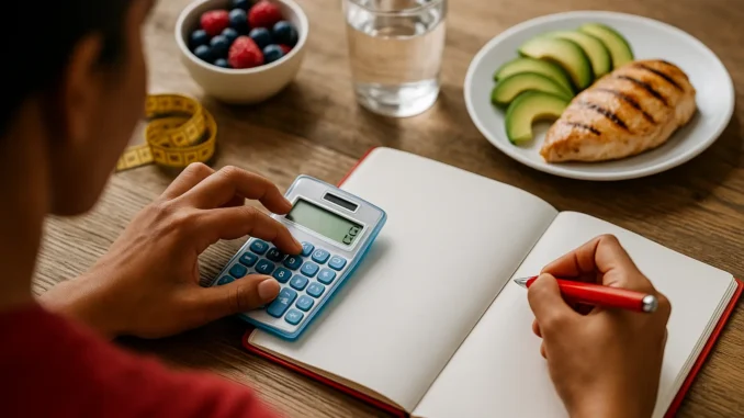 Hands using a blue calculator and writing in a notebook at a farmhouse table with berries, avocado, chicken and a measuring tape for calorie planning.