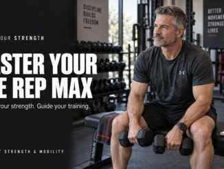 Master your one rep max. Estimate your strength and guide your training. A man holding dumbbells sits on a gym bench.