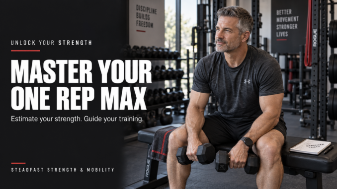Master your one rep max. Estimate your strength and guide your training. A man holding dumbbells sits on a gym bench.