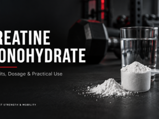 Creatine monohydrate powder in a scoop beside a glass of water and a dumbbell. Benefits, Dosage & Practical Use. Steadfast Strength & Mobility.