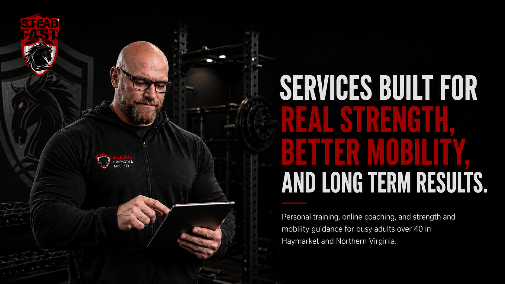 Steadfast Strength and Mobility services hero image for personal training, online coaching, and mobility guidance.