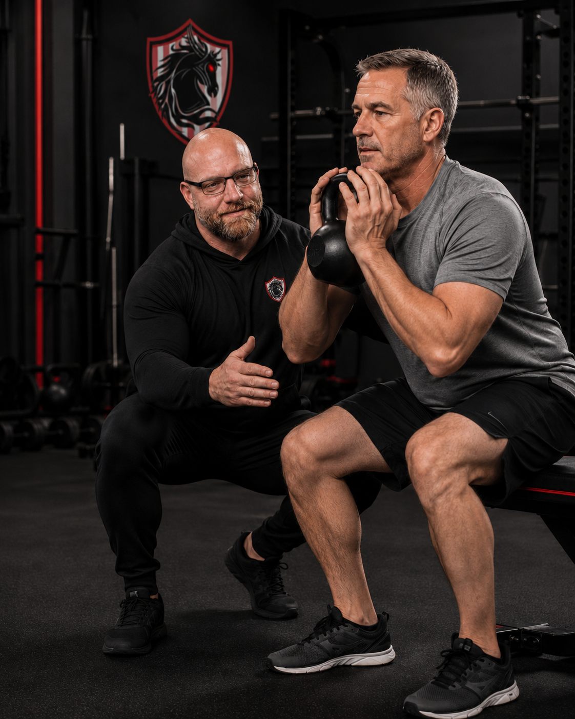 Steadfast Strength and Mobility coach guiding an adult over 40 through a controlled kettlebell box squat in a gym.