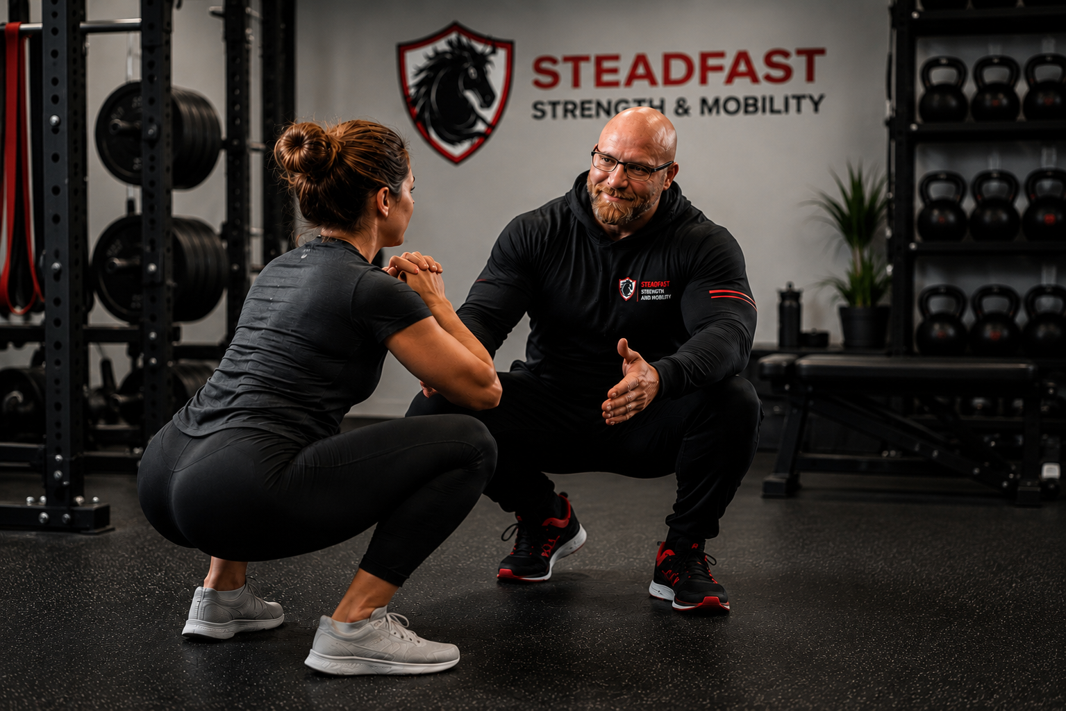Personal trainer coaching a client through a squat assessment during strength and mobility coaching in Northern Virginia.