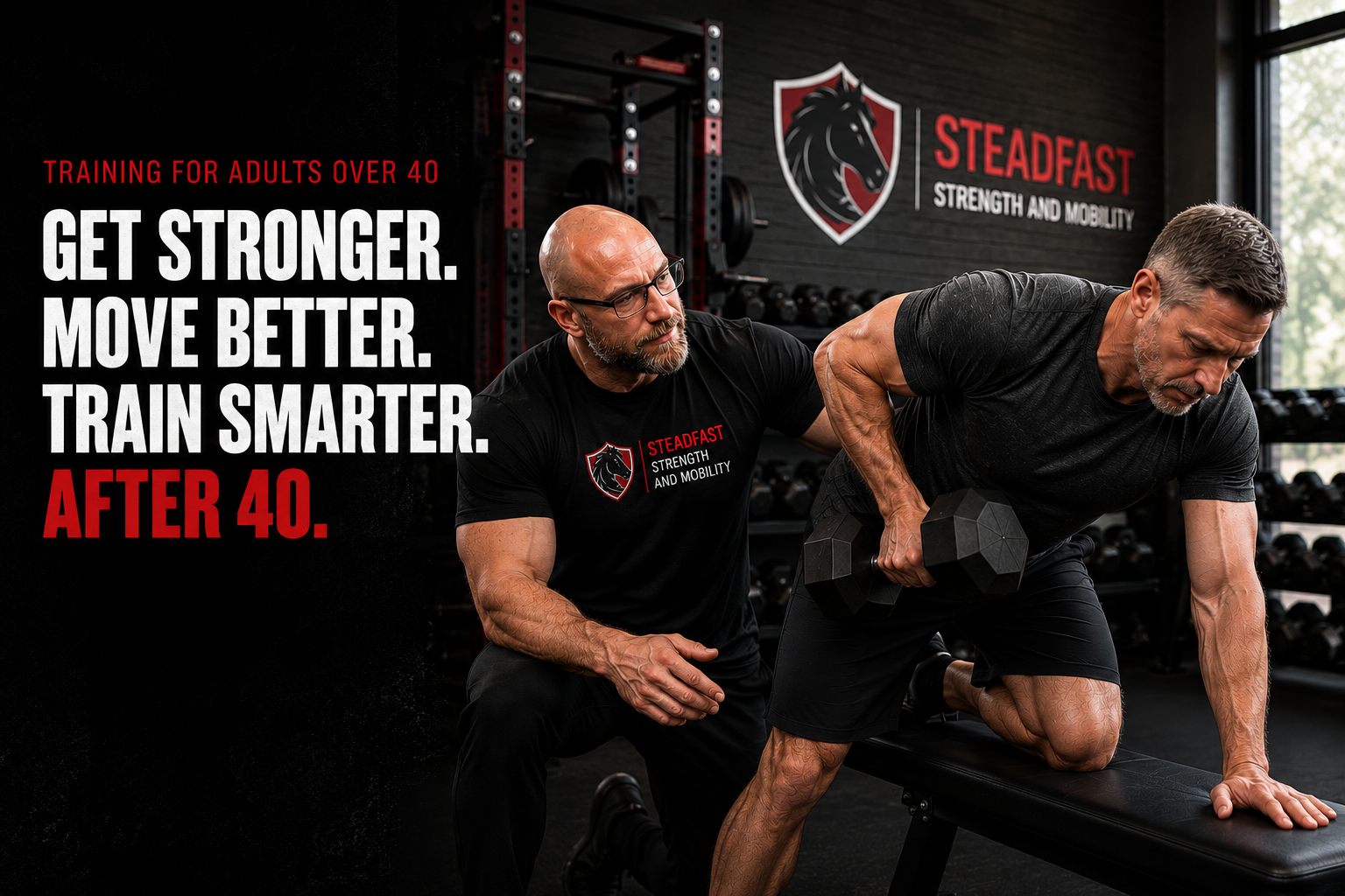 Personal trainer coaching a man over 40 through a supported one arm dumbbell row at Steadfast Strength and Mobility.