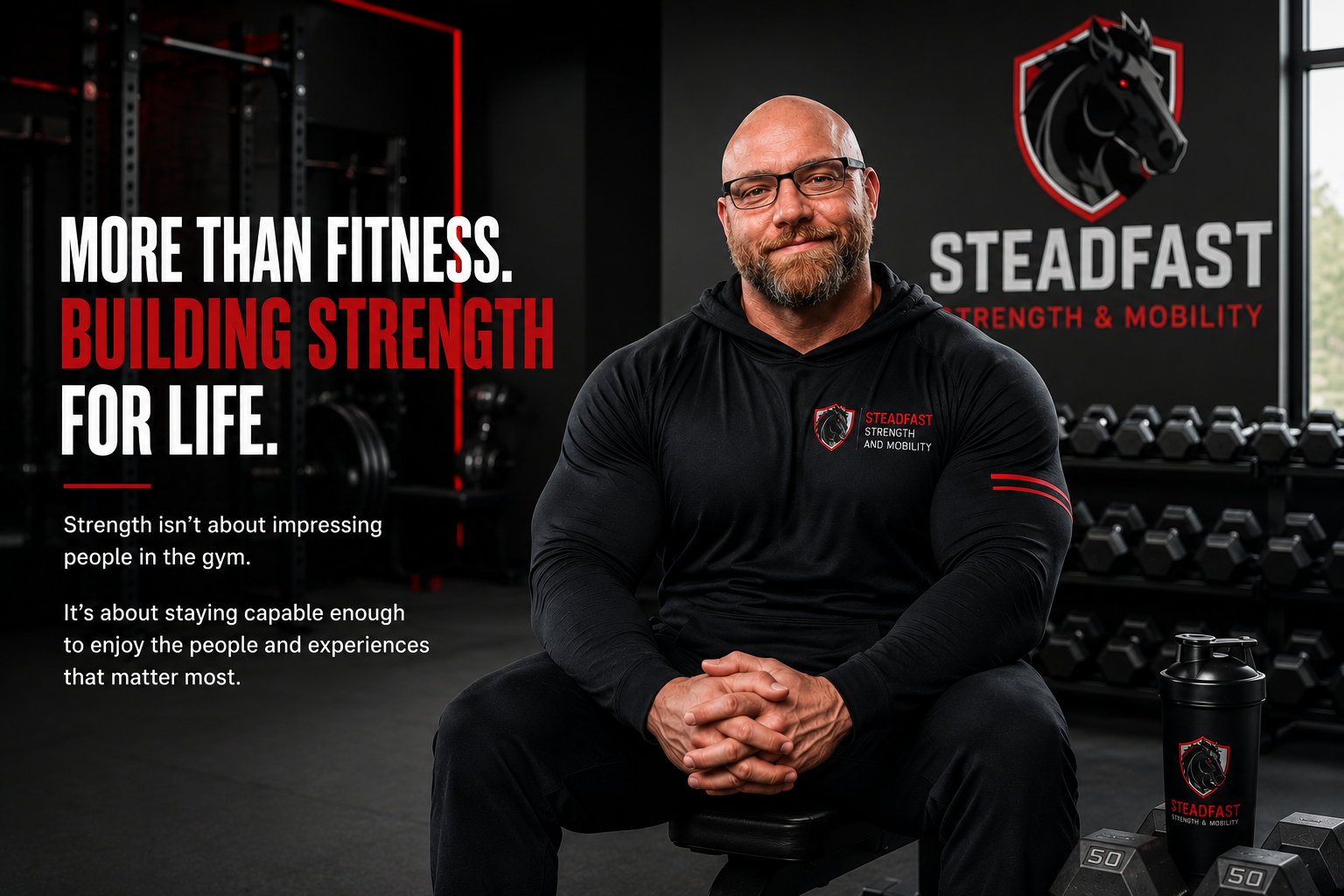 Justin Stead, founder of Steadfast Strength and Mobility, seated in a branded training studio.