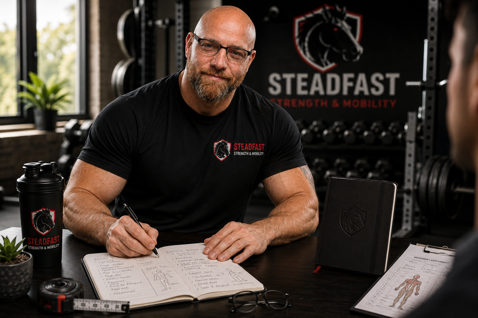 Justin Stead meeting with a client during a personalized strength and mobility coaching consultation at Steadfast Strength and Mobility.