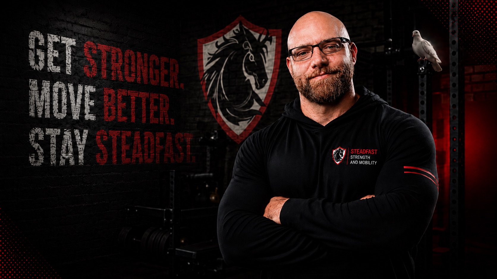 Steadfast coach in a dark gym with motivational wall text, company logo, and a white dove.