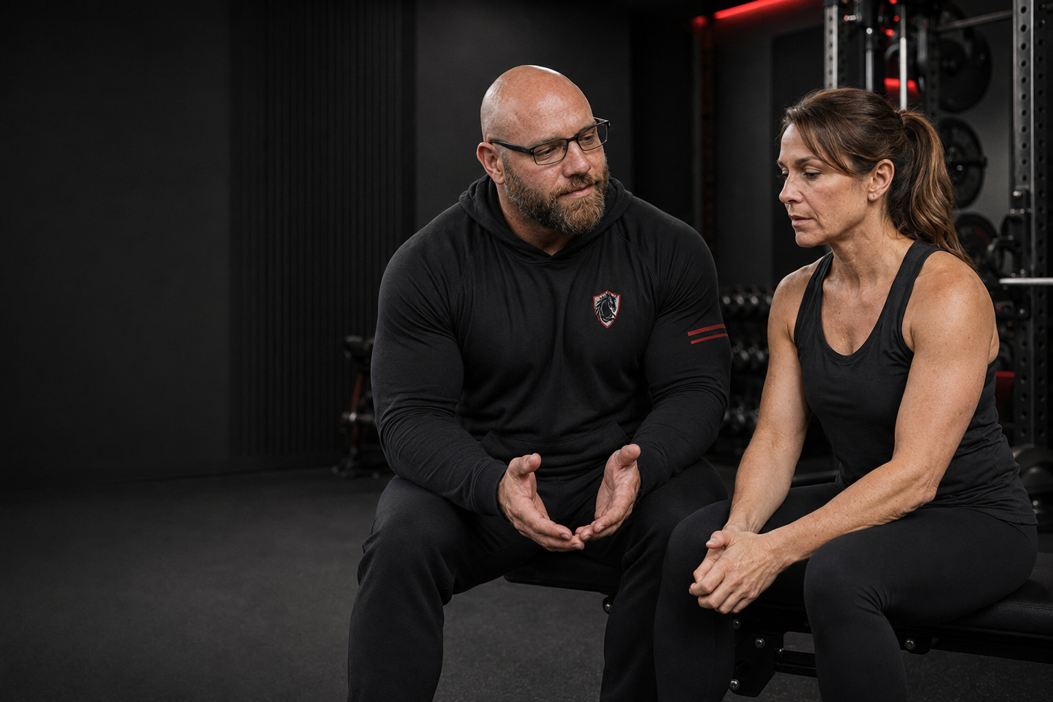 Steadfast Strength and Mobility trainer sitting beside a female client during a private pause in her workout, listening with open hands in a black-and-red gym.