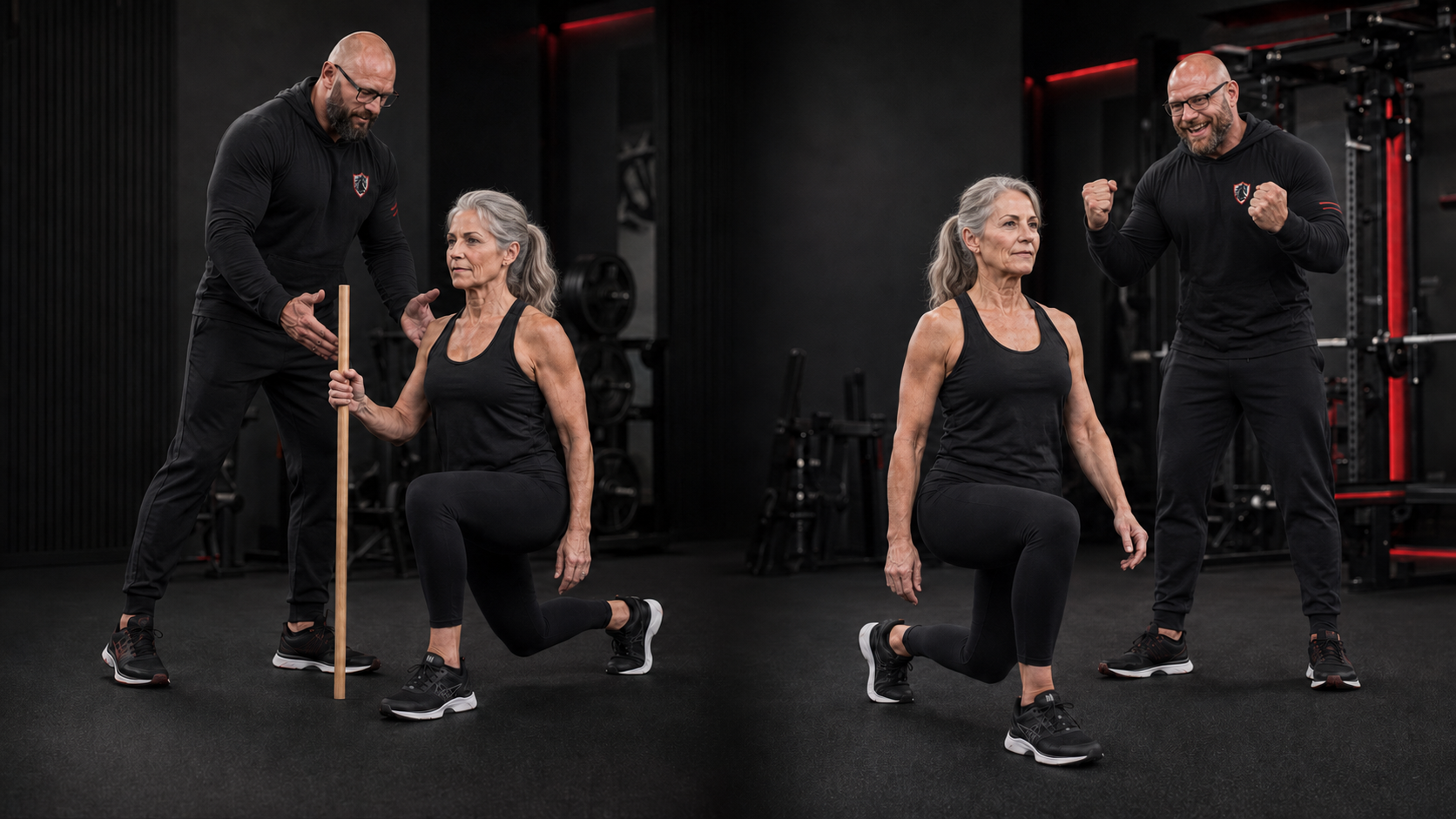 Older woman performs a supported lunge with a stability stick beside her trainer, then completes an unsupported lunge as he celebrates her progress.