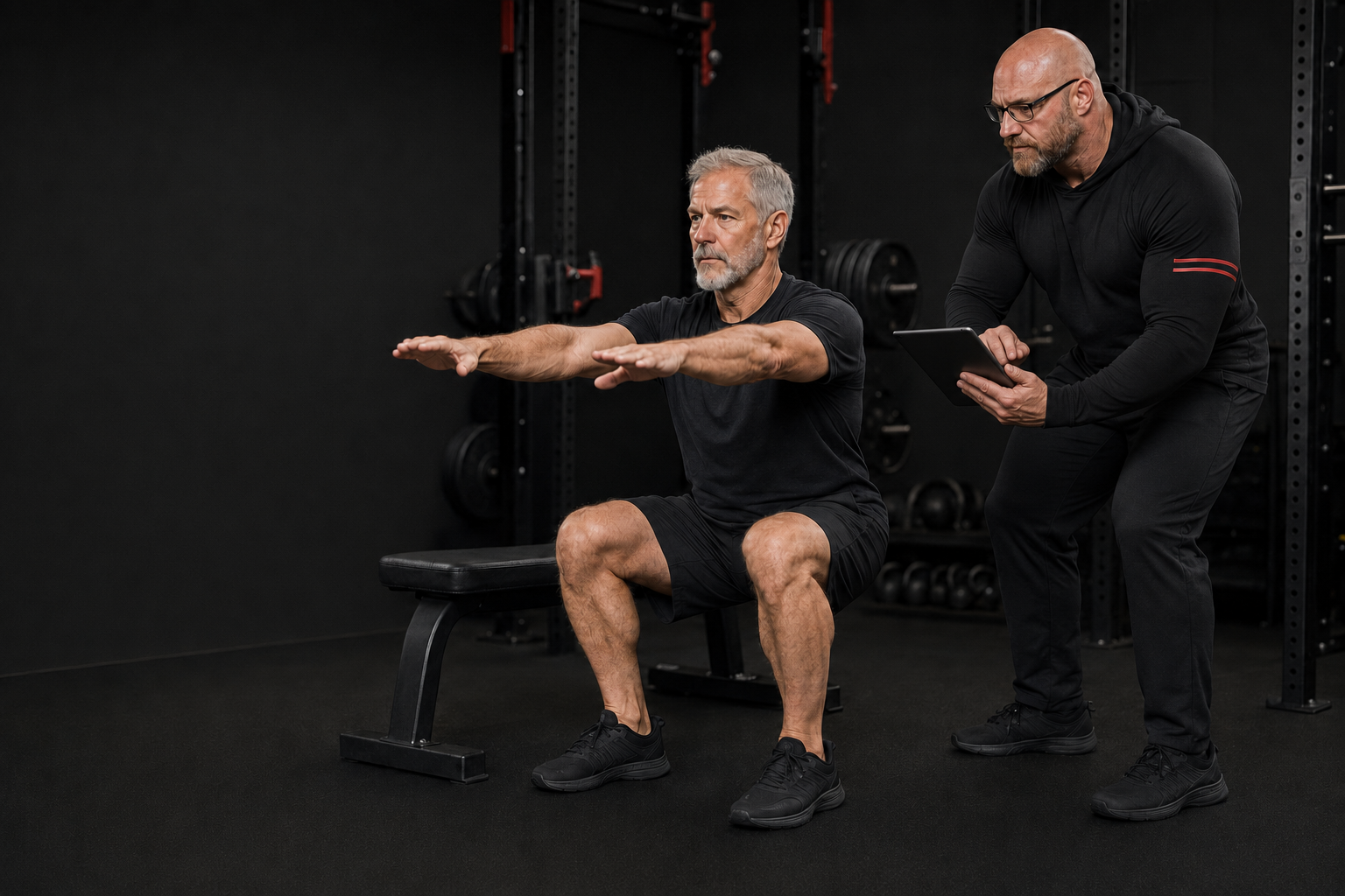 Strength coach records assessment data on a tablet while an older man performs a controlled squat to a bench in a private gym.