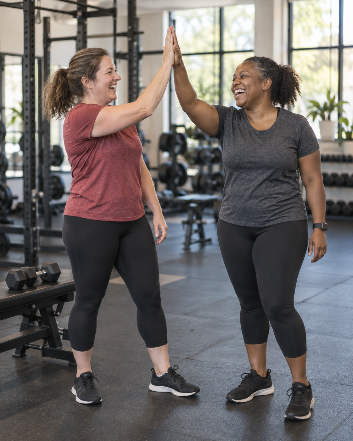 Illustrative image of two women celebrating a shared strength workout