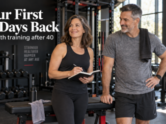Two adults beside a gym bench with a workout notebook under the heading Your First 30 Days Back.