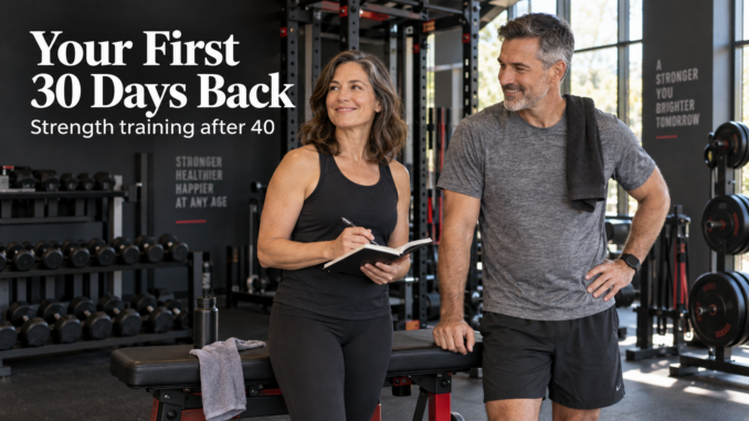 Two adults beside a gym bench with a workout notebook under the heading Your First 30 Days Back.