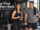 Two adults beside a gym bench with a workout notebook under the heading Your First 30 Days Back.