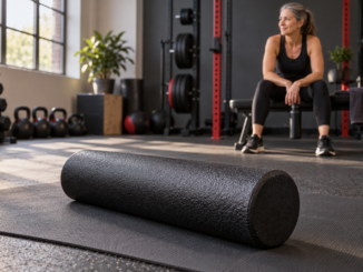 A black foam roller on a gym mat with a middle aged woman preparing to train.
