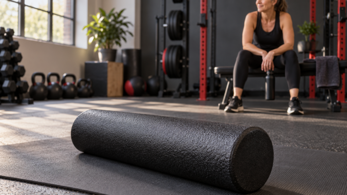 A black foam roller on a gym mat with a middle aged woman preparing to train.