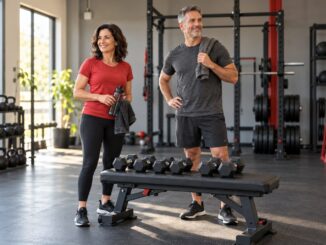 Two adults standing beside a bench with dumbbells in a bright gym.