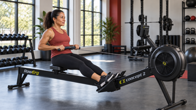 Woman using a Concept2 rowing machine in a naturally lit gym.