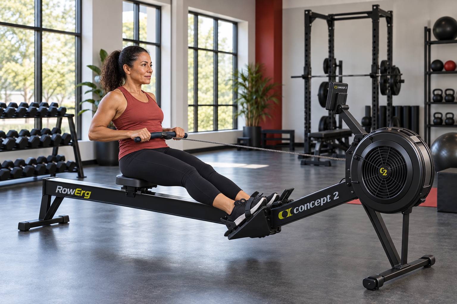 Woman using a Concept2 rowing machine in a naturally lit gym.