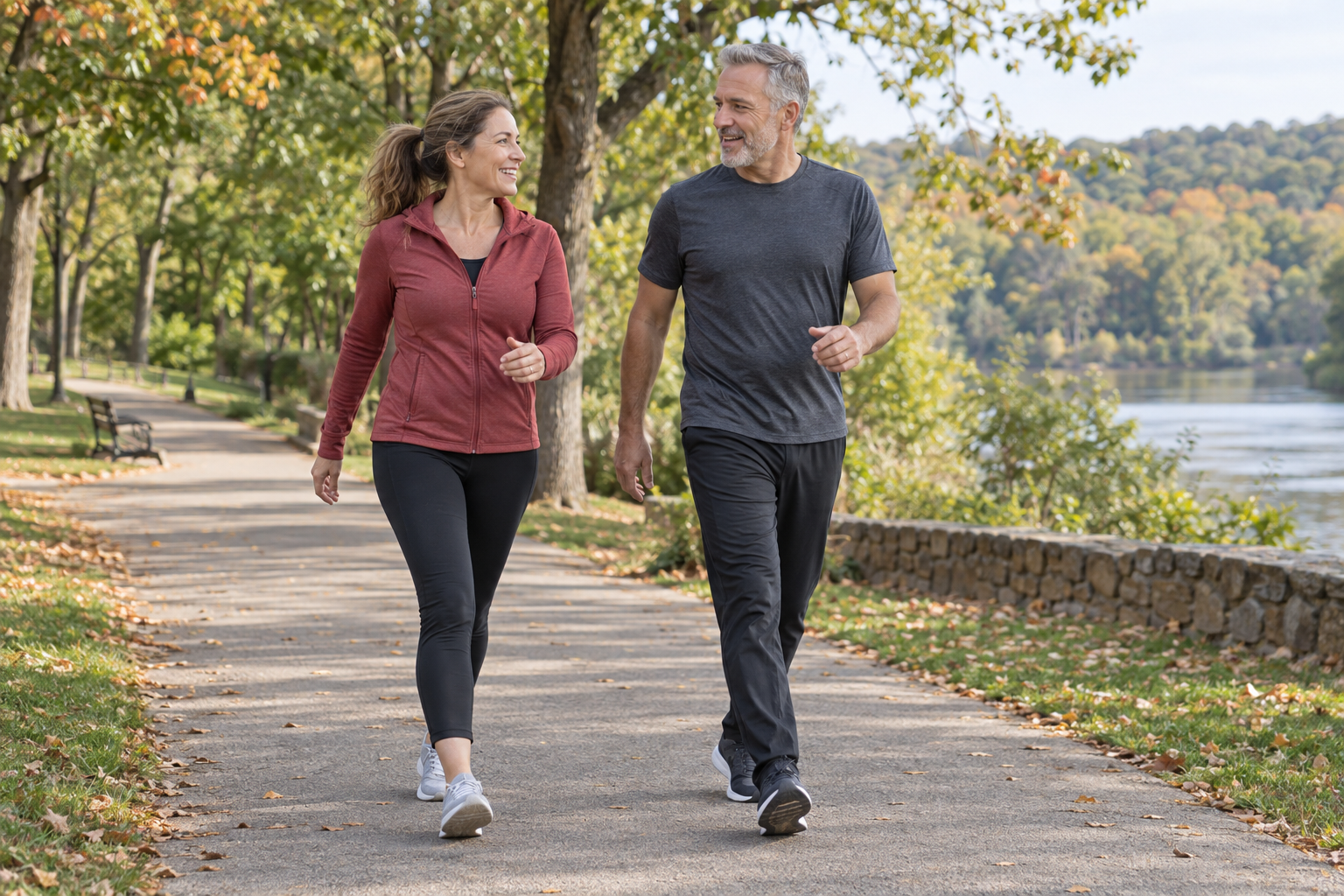 Two adults walking together on a paved park path beside a lake.