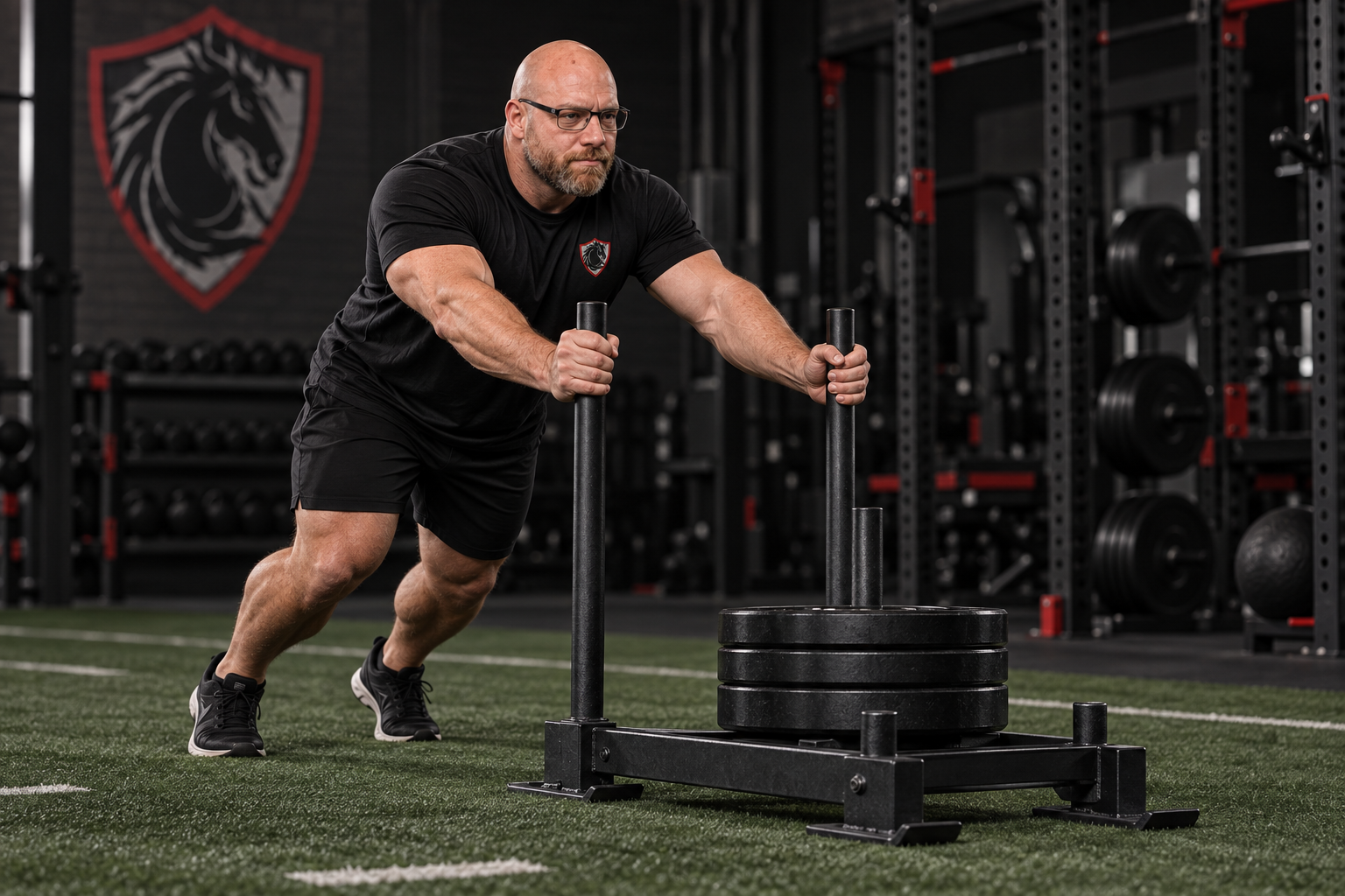 Athletic illustration of Justin Stead pushing a sled in a gym.