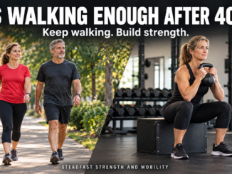 Adults walking outdoors beside a woman practicing a kettlebell box squat, illustrating walking and strength training after 40.