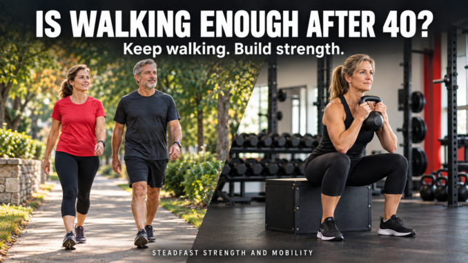 Adults walking outdoors beside a woman practicing a kettlebell box squat, illustrating walking and strength training after 40.