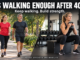 Adults walking outdoors beside a woman practicing a kettlebell box squat, illustrating walking and strength training after 40.