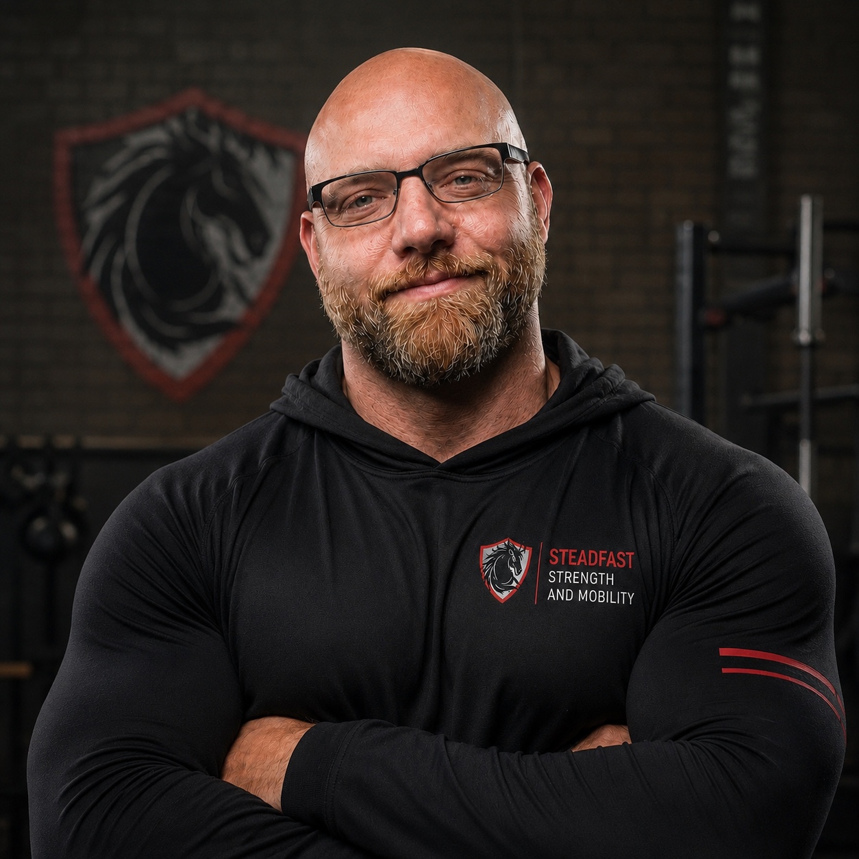 Justin Stead wearing a black Steadfast Strength and Mobility hoodie, arms crossed.