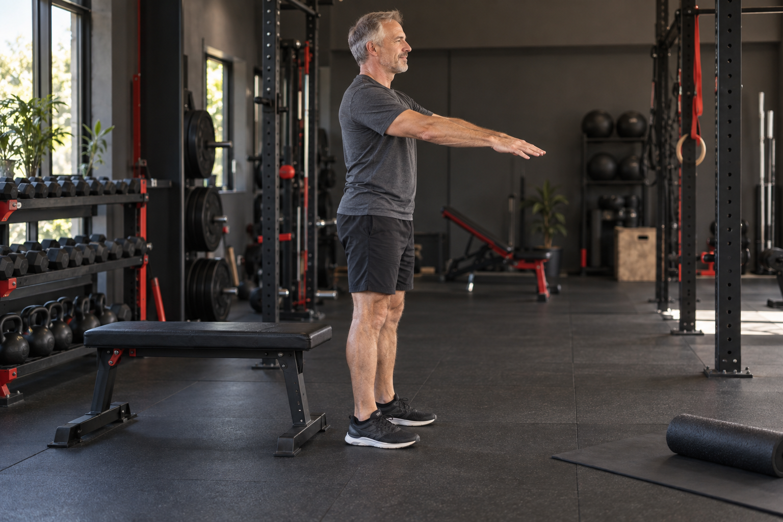 A middle aged man stands beside an exercise bench with a foam roller resting nearby.