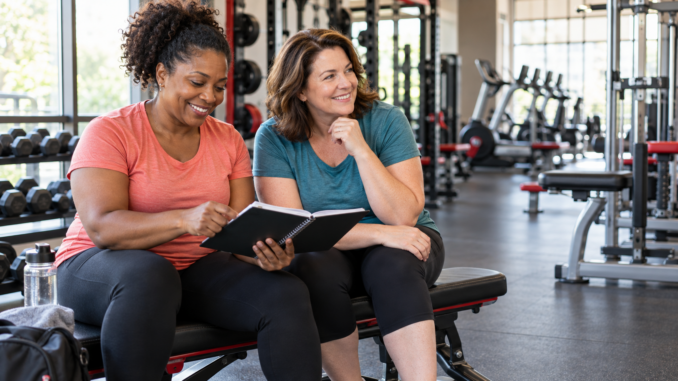 Two women reviewing a training notebook together in a welcoming gym.