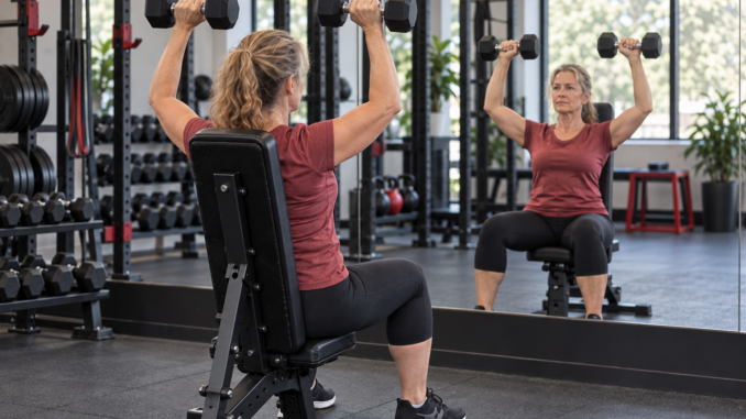Woman performing seated dumbbell shoulder presses while watching her reflection in a gym mirror.