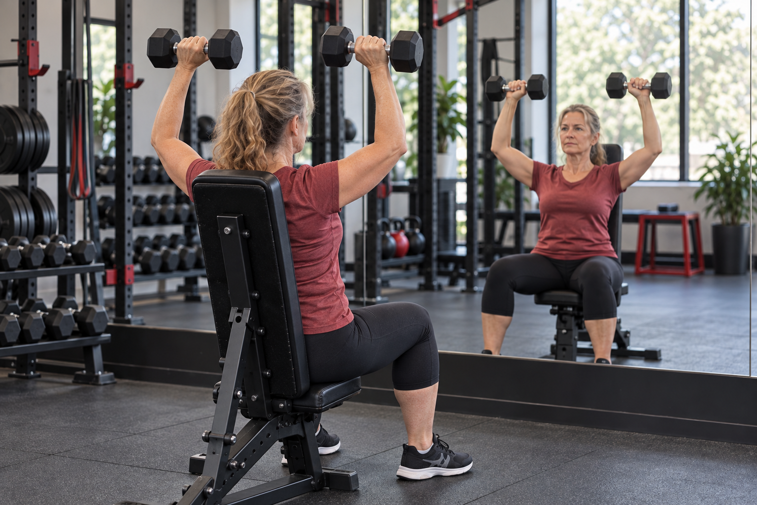 Woman performing seated dumbbell shoulder presses while watching her reflection in a gym mirror.