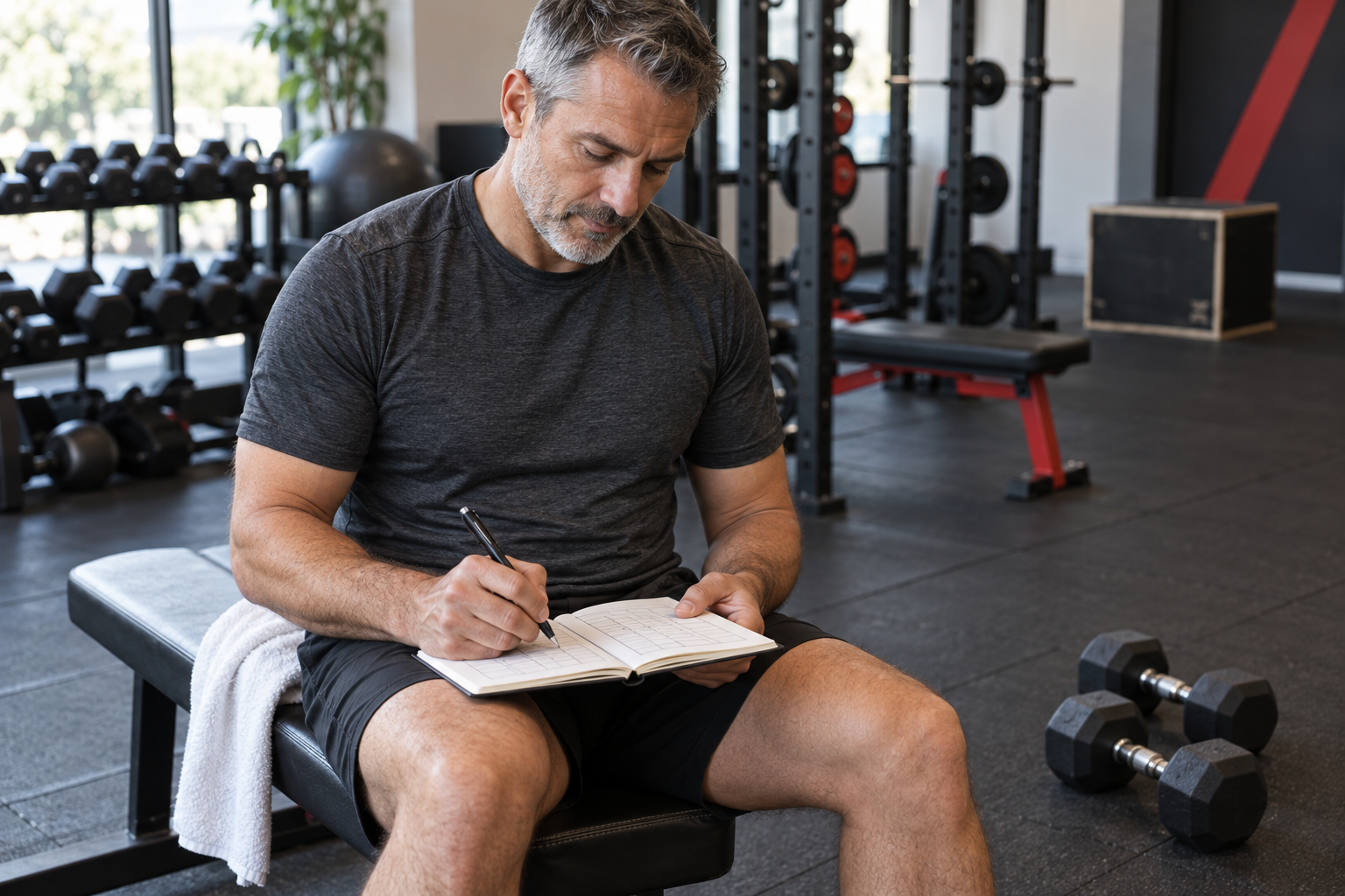 Man recording his strength training session in a notebook while seated on a gym bench.