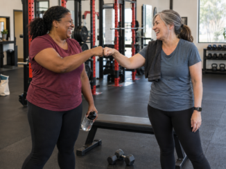 Two friends sharing a smile and fist bump between sets in a strength gym.