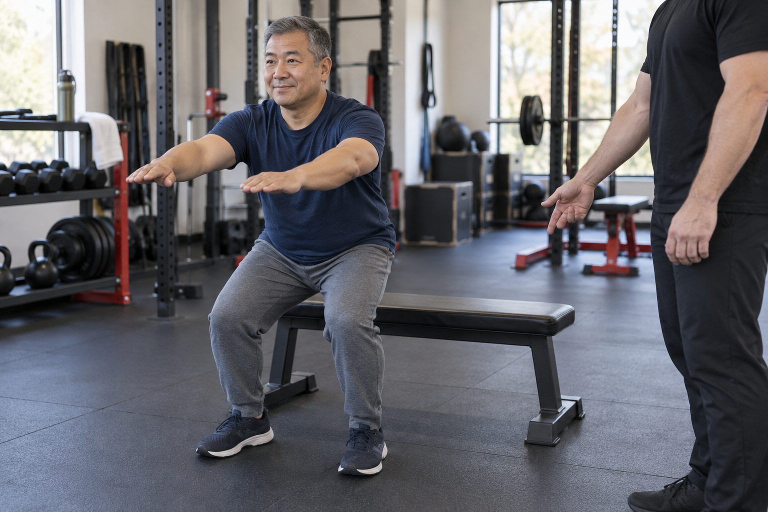 An adult practicing a bench sit to stand with a coach offering guidance.