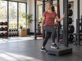 Woman practicing a low step up while holding a rack for support in a bright gym.