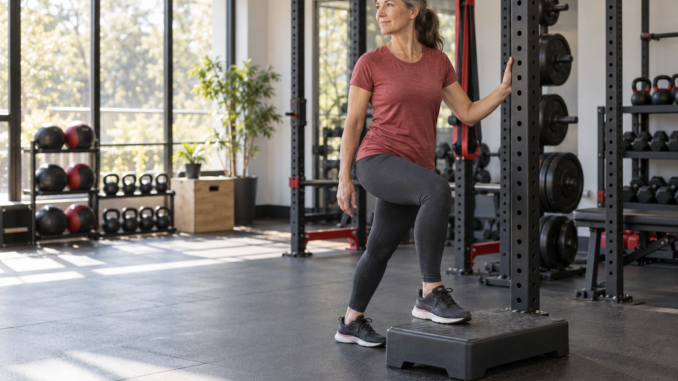 Woman practicing a low step up while holding a rack for support in a bright gym.
