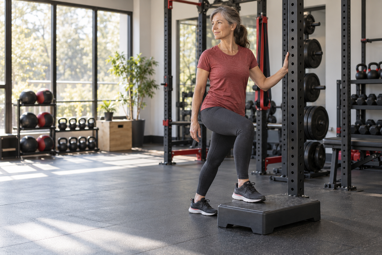 Woman practicing a low step up while holding a rack for support in a bright gym.