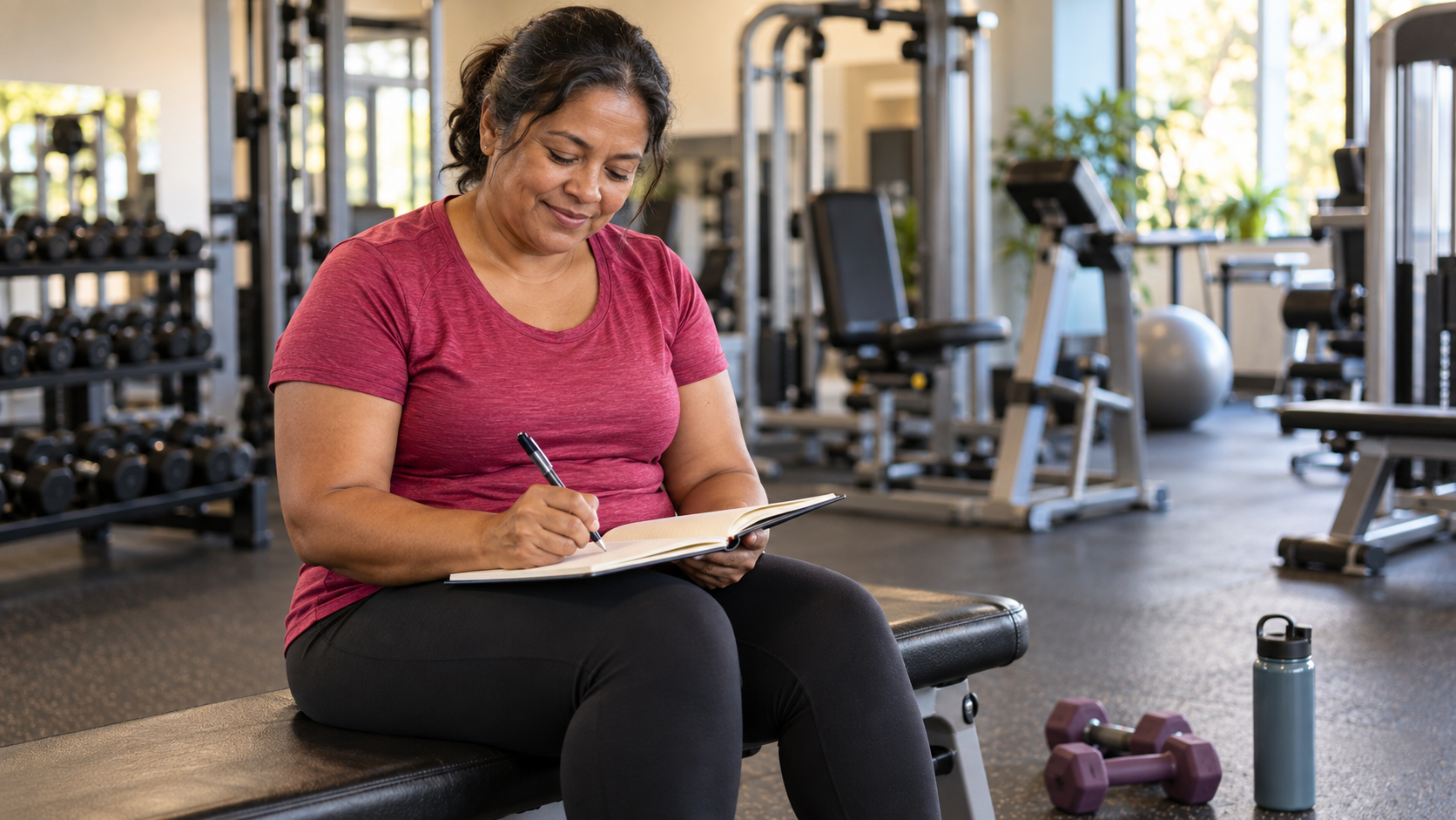 A woman recording her workout in a notebook while seated on a gym bench.