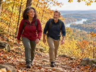 Two adults with daypacks walking uphill on an autumn woodland trail.