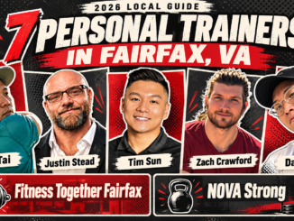Illustrated guide to seven Fairfax personal training options, with portraits of Brian Tai, Justin Stead, Tim Sun, Zach Crawford and Danny Lee, plus Fitness Together Fairfax and NOVA Strong.