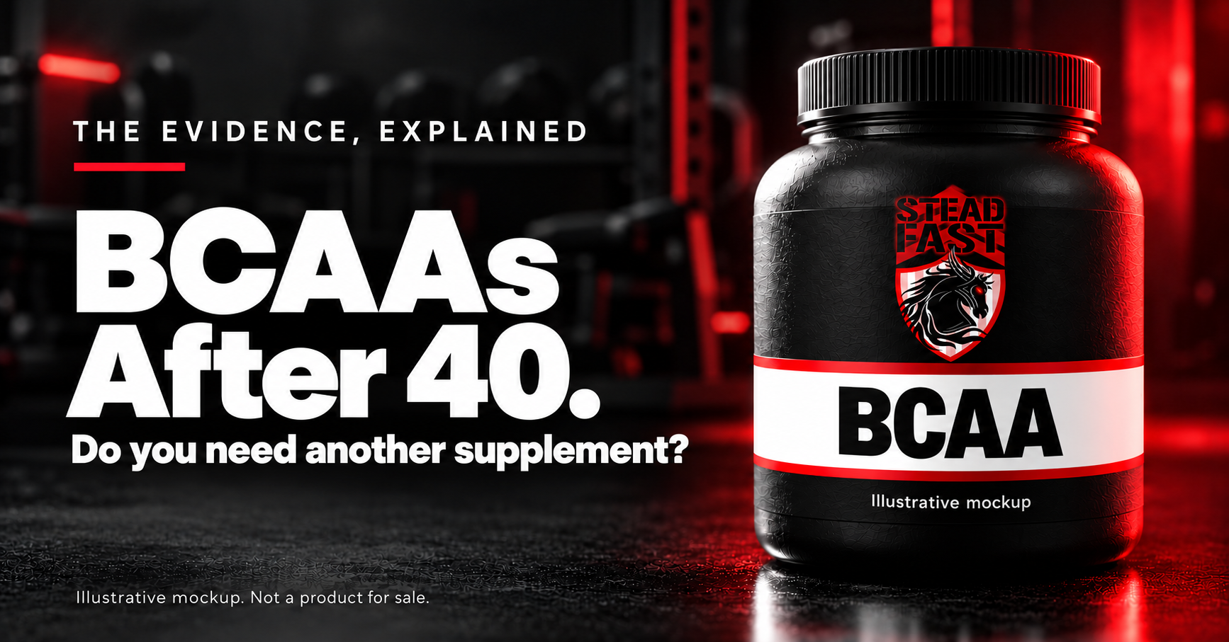 Illustrative Steadfast BCAA container in a gym setting, labelled as a mockup not for sale.