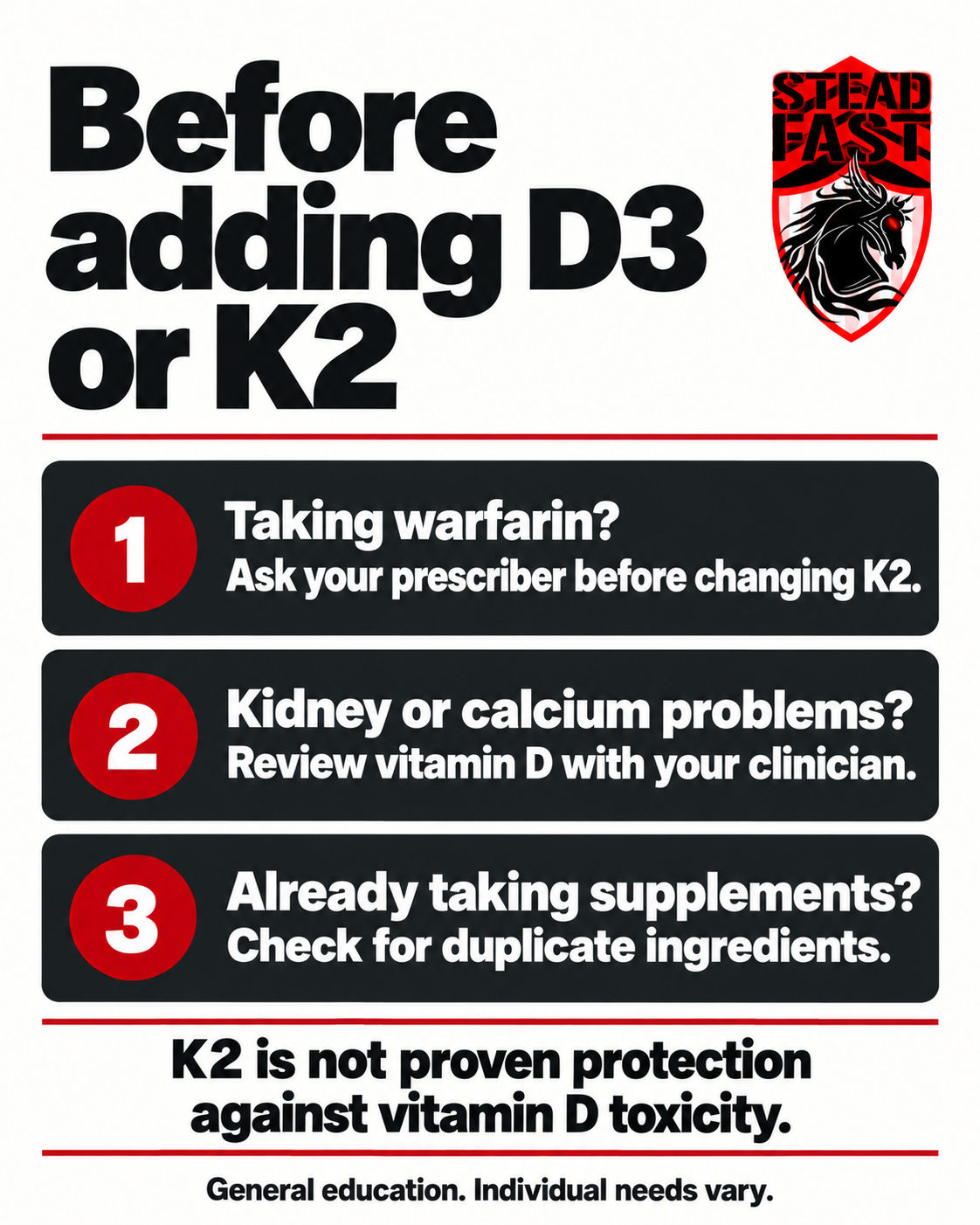 Before adding D3 or K2. Taking warfarin? Ask your prescriber before changing K2. Kidney or calcium problems? Review vitamin D with your clinician. Already taking supplements? Check for duplicate ingredients. K2 is not proven protection against vitamin D toxicity. General education. Individual needs vary.