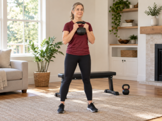 Woman holding a kettlebell in a standing goblet position with a bench behind her