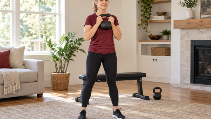 Woman holding a kettlebell in a standing goblet position with a bench behind her