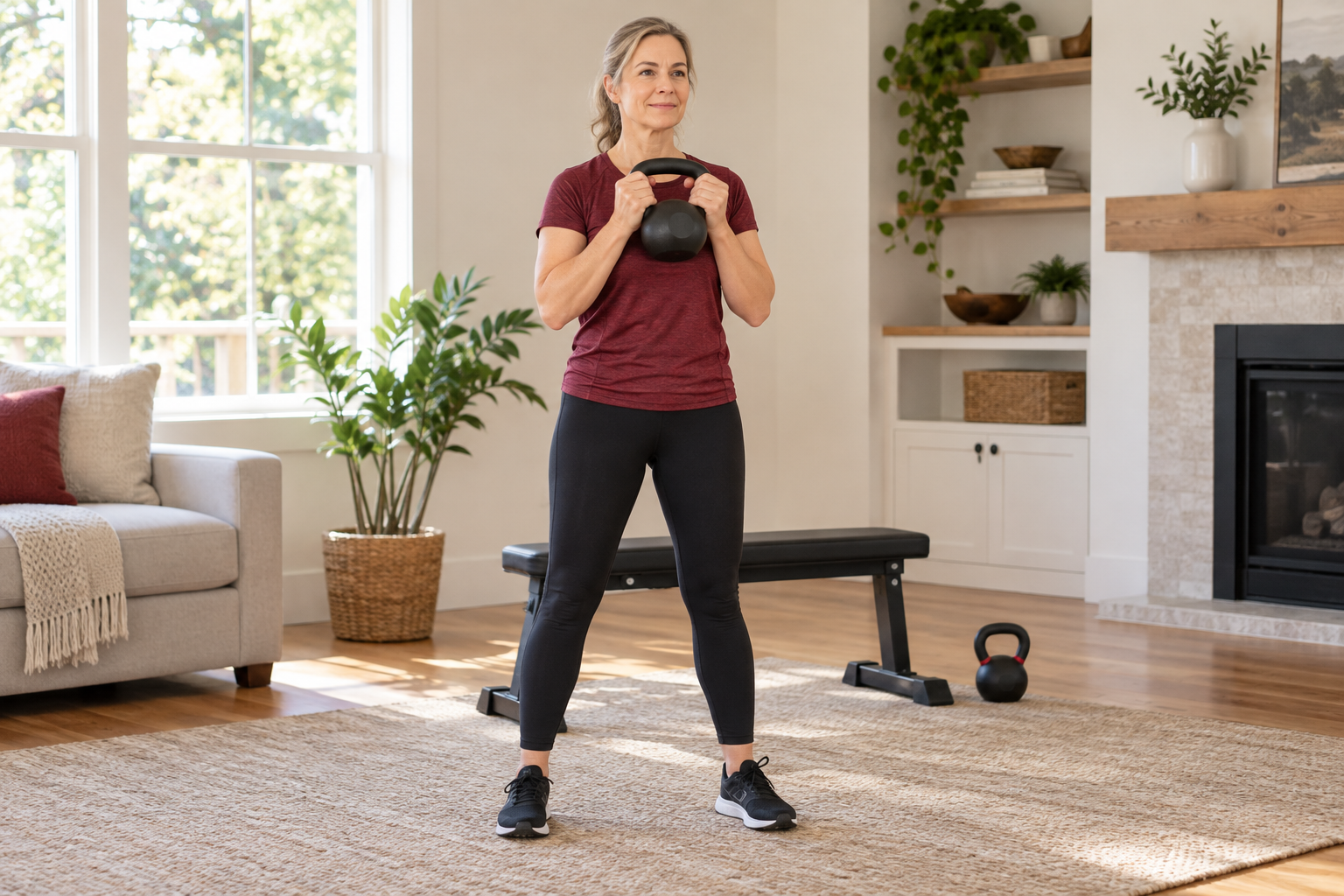 Woman holding a kettlebell at chest height in a standing goblet position with a bench behind her