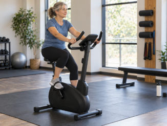 Woman using a stationary exercise bike in a bright training studio.