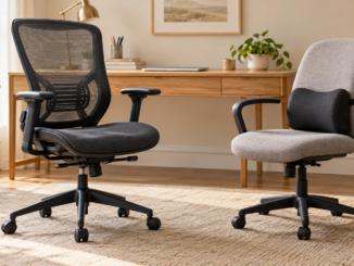 Two office chairs beside a desk, including one fitted with a black lumbar cushion.