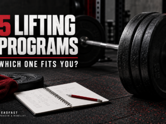 Barbell and training notebook beside the words Five Lifting Programs: Which One Fits You?